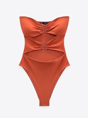 Zara Cut-Out Strapless Buckle Swimsuit in Rust Orange